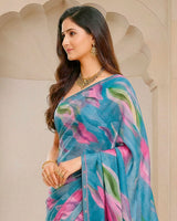 Vishal Prints Glacial Ice Blue Digital Print Fancy Chiffon Saree With Fancy Border
