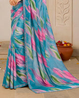 Vishal Prints Glacial Ice Blue Digital Print Fancy Chiffon Saree With Fancy Border