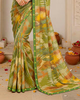 Vishal Prints Multi Green Digital Print Fancy Chiffon Saree With Fancy Border