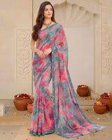 Vishal Prints Bluish Grey And Pink Digital Print Fancy Chiffon Saree With Fancy Border