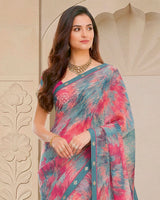 Vishal Prints Bluish Grey And Pink Digital Print Fancy Chiffon Saree With Fancy Border