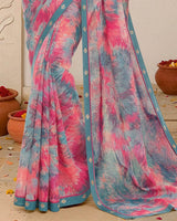 Vishal Prints Bluish Grey And Pink Digital Print Fancy Chiffon Saree With Fancy Border