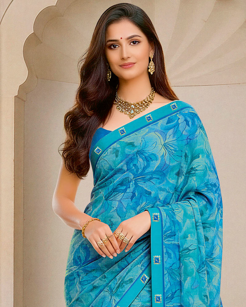 Vishal Prints Pacific Blue Digital Print Fancy Chiffon Saree With Fancy Border