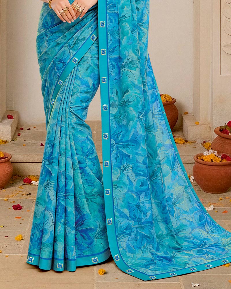 Vishal Prints Pacific Blue Digital Print Fancy Chiffon Saree With Fancy Border