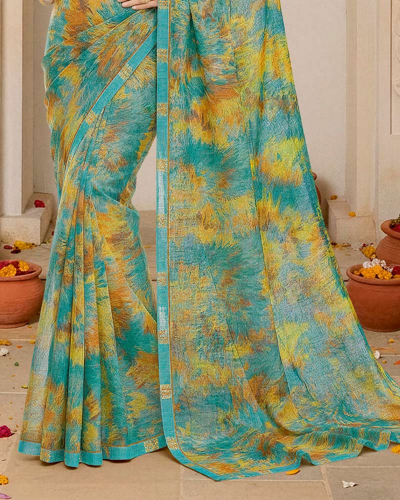 Vishal Prints Dusty Teal Green Digital Print Fancy Chiffon Saree With Fancy Border