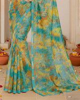 Vishal Prints Dusty Teal Green Digital Print Fancy Chiffon Saree With Fancy Border