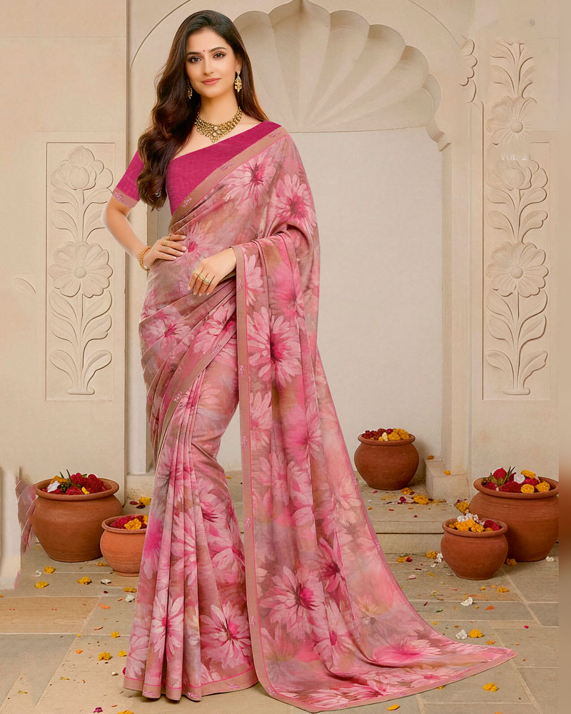 Vishal Prints Brownish Pink Digital Print Fancy Chiffon Saree With Fancy Border