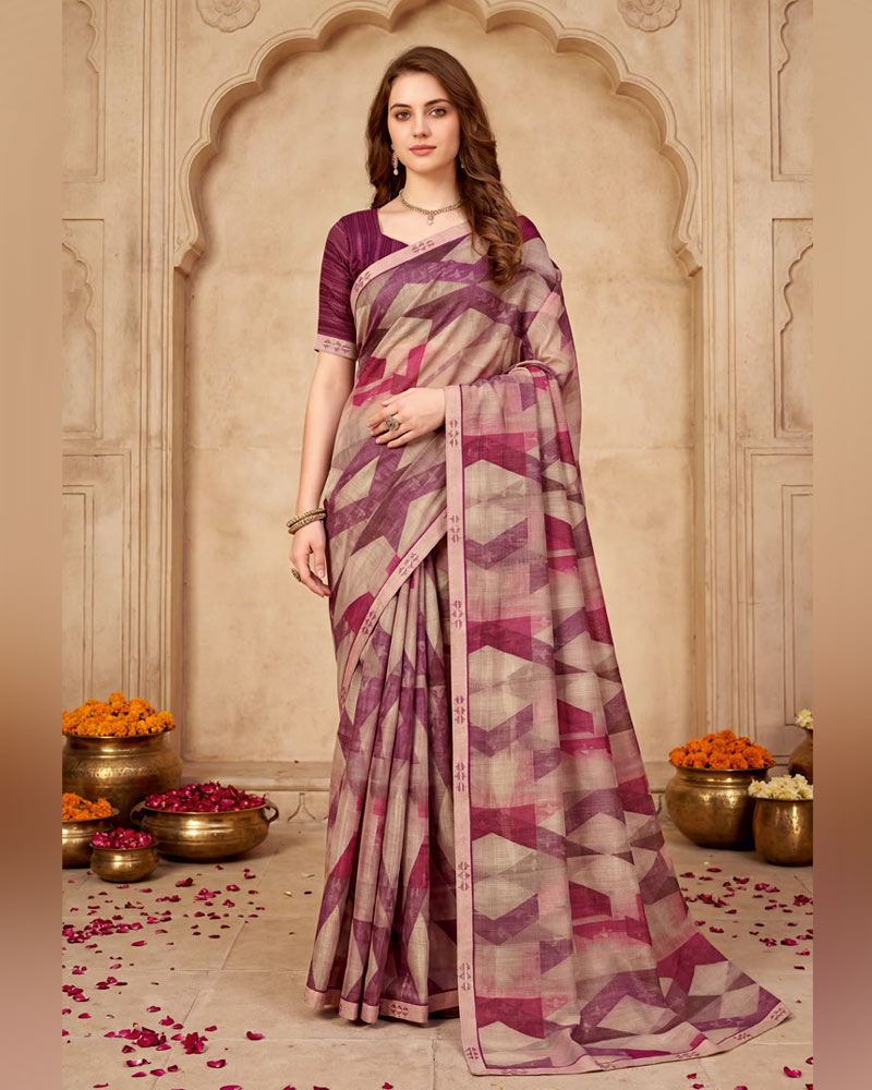 Vishal Prints Beige Wine Digital Print Fancy Chiffon Saree With Embroidery Border