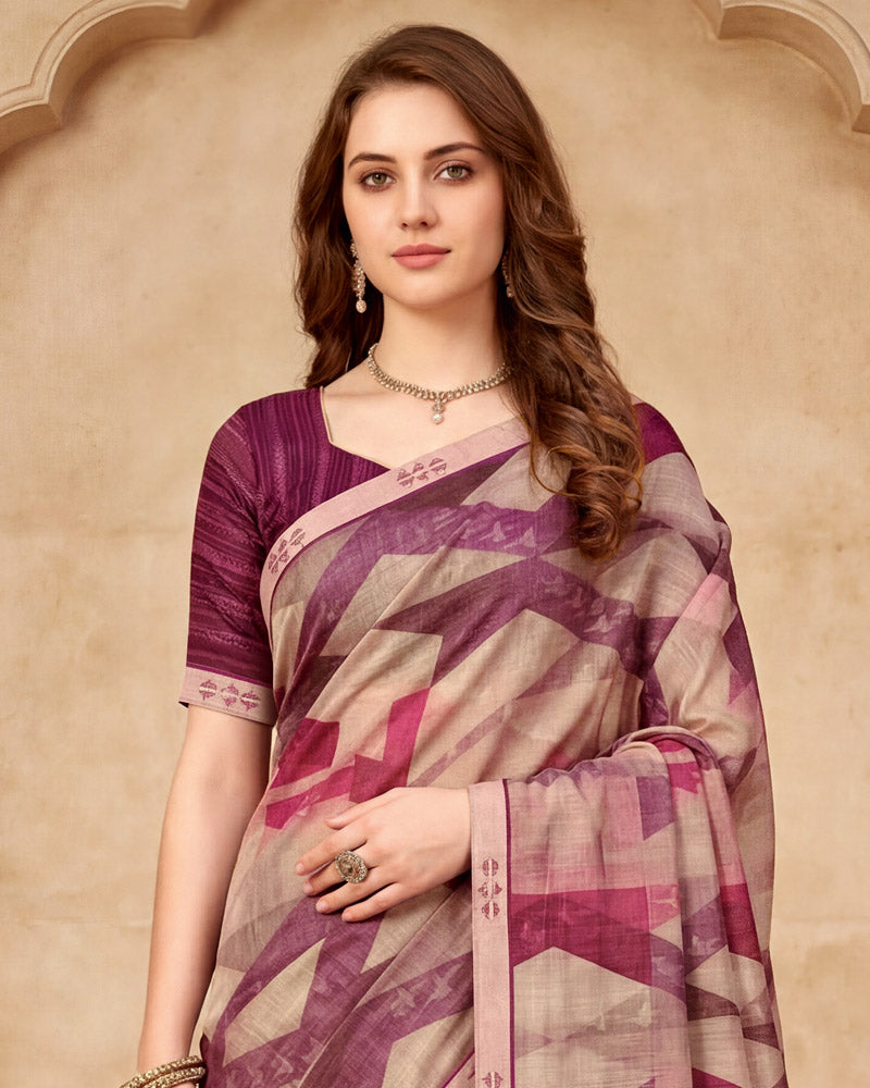 Vishal Prints Beige Wine Digital Print Fancy Chiffon Saree With Embroidery Border