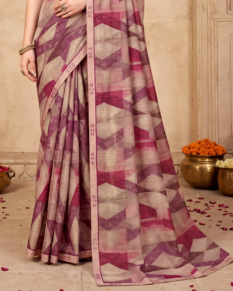 Vishal Prints Beige Wine Digital Print Fancy Chiffon Saree With Embroidery Border