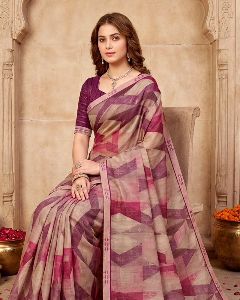 Vishal Prints Beige Wine Digital Print Fancy Chiffon Saree With Embroidery Border