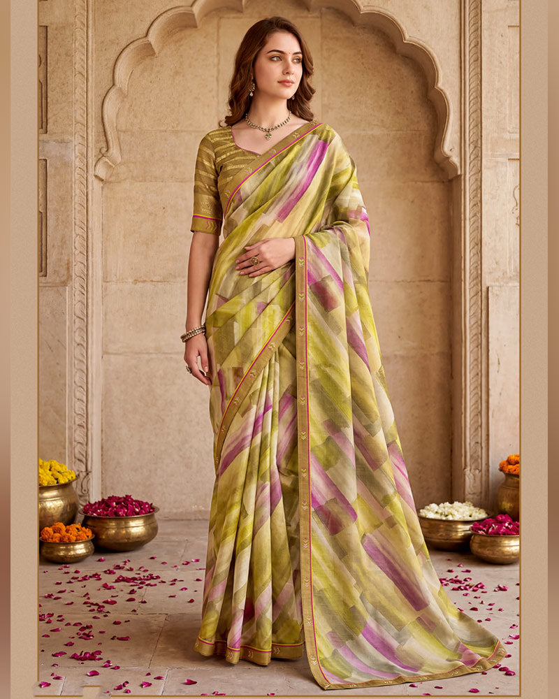 Vishal Prints Lime Green Digital Print Fancy Chiffon Saree With Embroidery Border