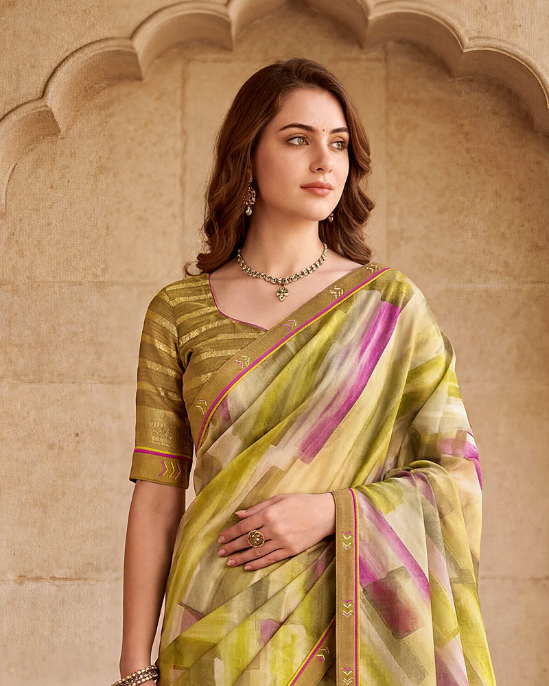 Vishal Prints Lime Green Digital Print Fancy Chiffon Saree With Embroidery Border