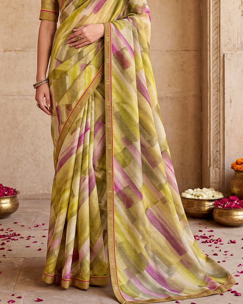 Vishal Prints Lime Green Digital Print Fancy Chiffon Saree With Embroidery Border