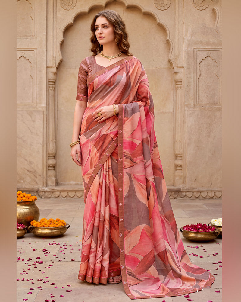 Vishal Prints Fushia Pink Digital Print Fancy Chiffon Saree With Embroidery Border