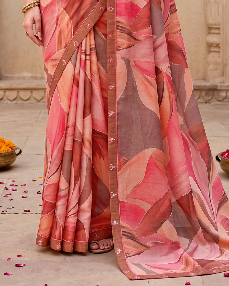 Vishal Prints Fushia Pink Digital Print Fancy Chiffon Saree With Embroidery Border