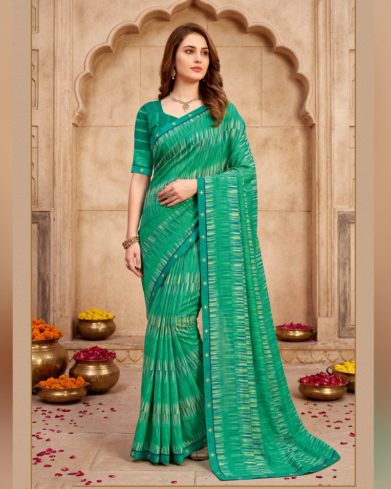 Vishal Prints Teal Green Digital Print Fancy Chiffon Saree With Embroidery Border