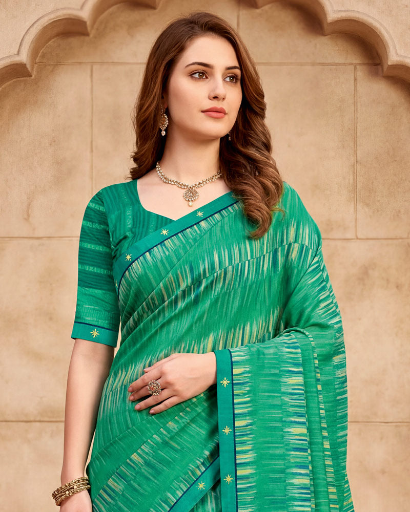 Vishal Prints Teal Green Digital Print Fancy Chiffon Saree With Embroidery Border