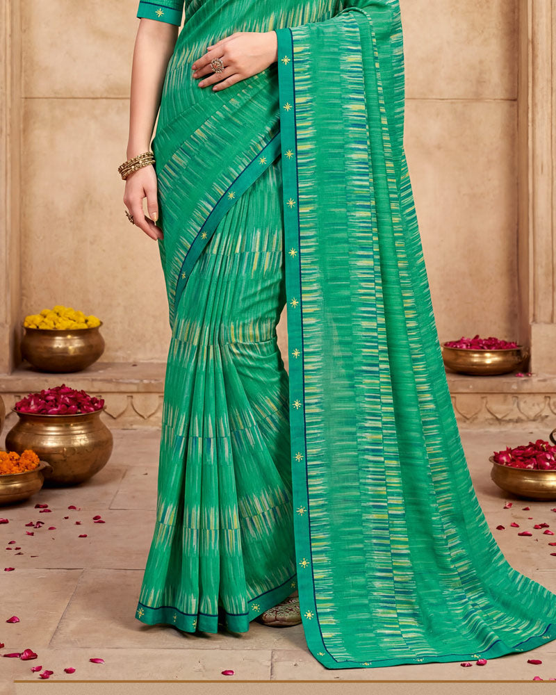 Vishal Prints Teal Green Digital Print Fancy Chiffon Saree With Embroidery Border
