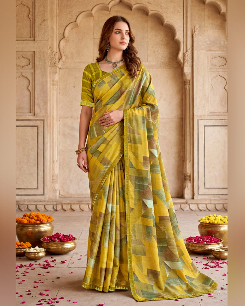 Vishal Prints Pale Yellow Digital Print Fancy Chiffon Saree With Embroidery Border