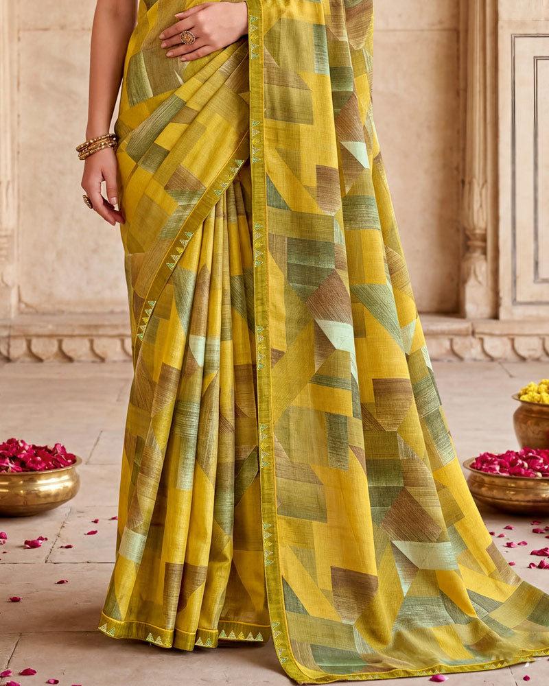 Vishal Prints Pale Yellow Digital Print Fancy Chiffon Saree With Embroidery Border