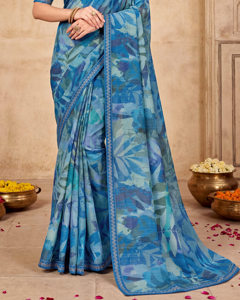 Vishal Prints Bright Blue Digital Print Fancy Chiffon Saree With Embroidery Border