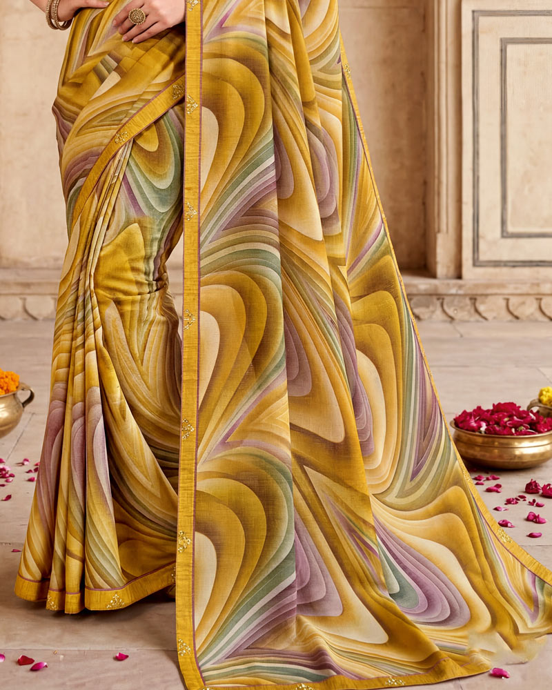 Vishal Prints Mustard Digital Print Fancy Chiffon Saree With Embroidery Border