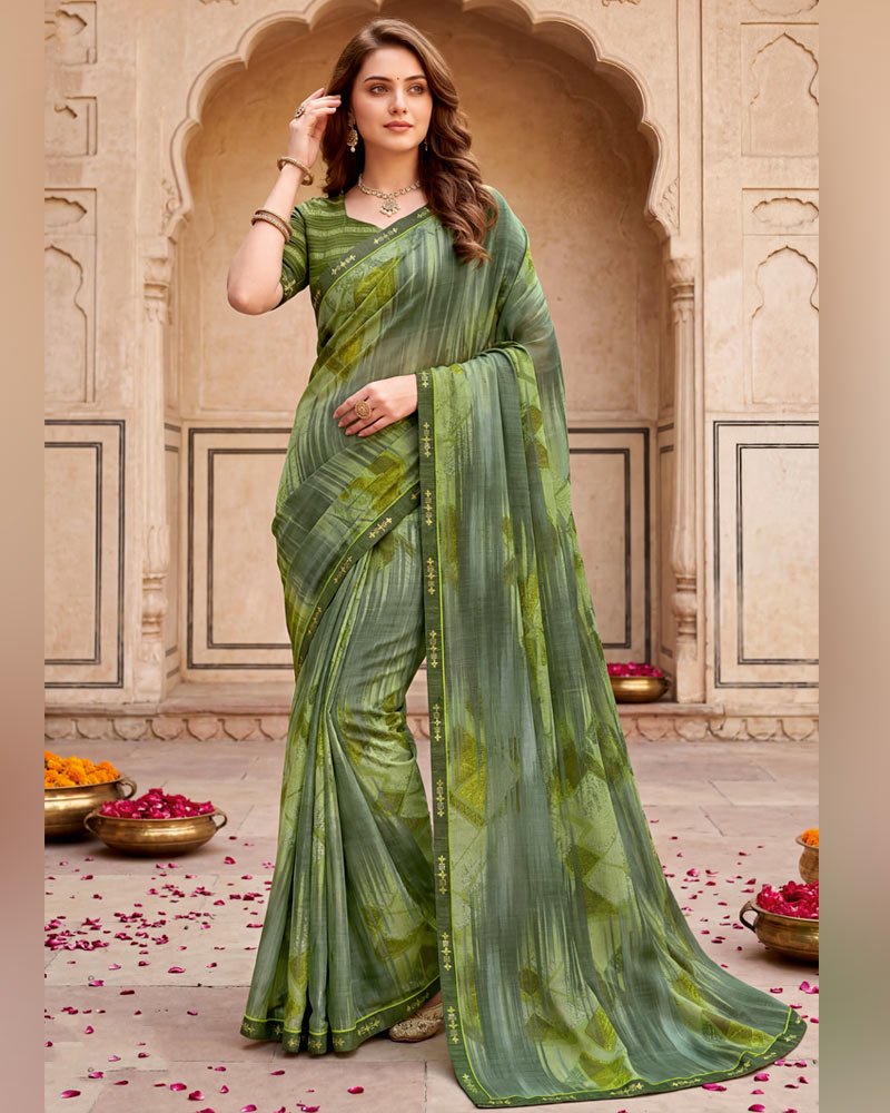 Vishal Prints Moss Green Digital Print Fancy Chiffon Saree With Embroidery Border