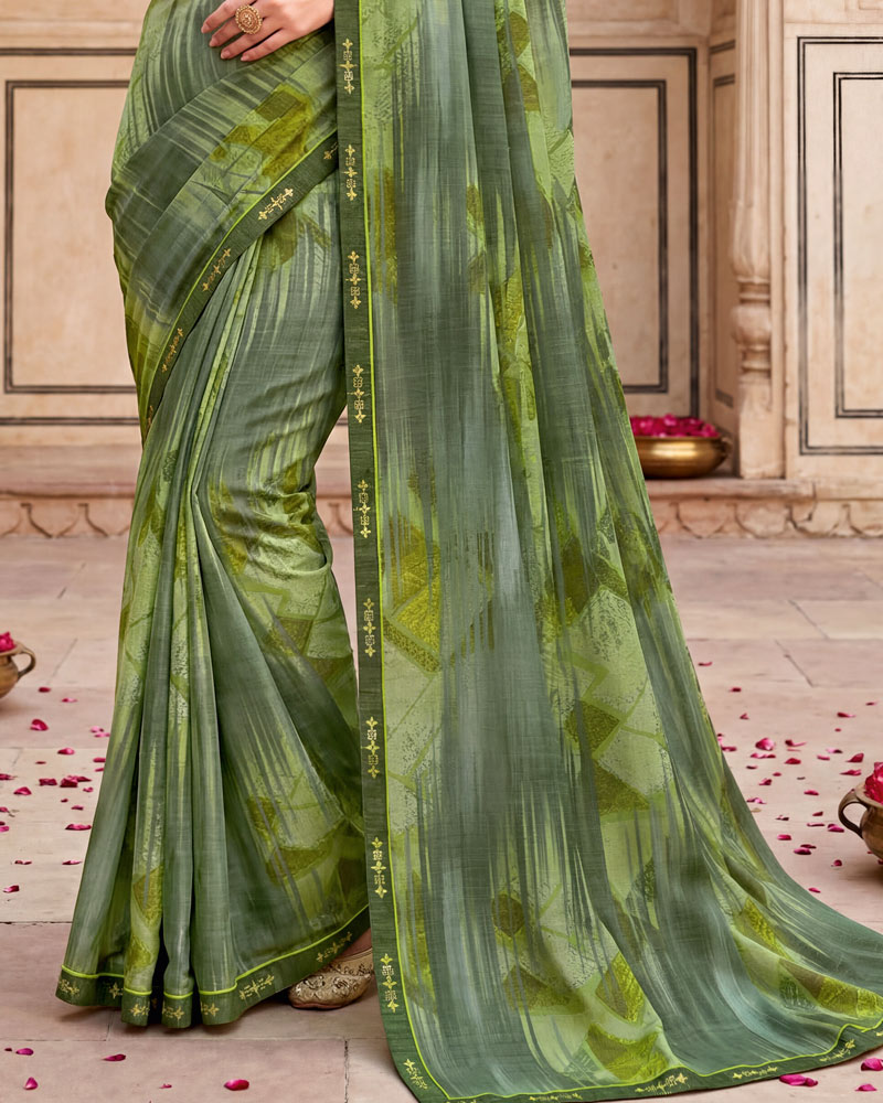Vishal Prints Moss Green Digital Print Fancy Chiffon Saree With Embroidery Border