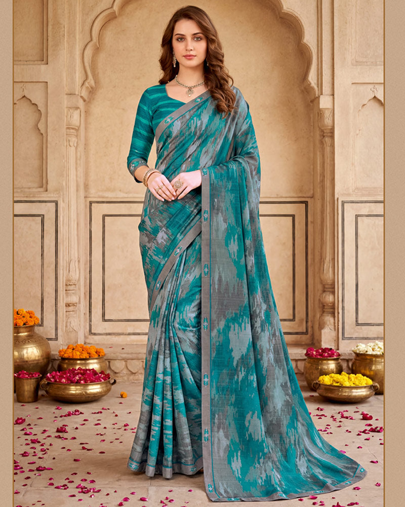 Vishal Prints Aqua Blue Digital Print Fancy Chiffon Saree With Embroidery Border