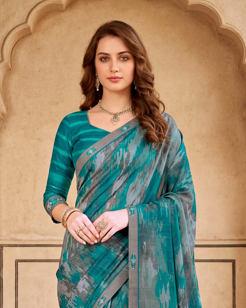 Vishal Prints Aqua Blue Digital Print Fancy Chiffon Saree With Embroidery Border