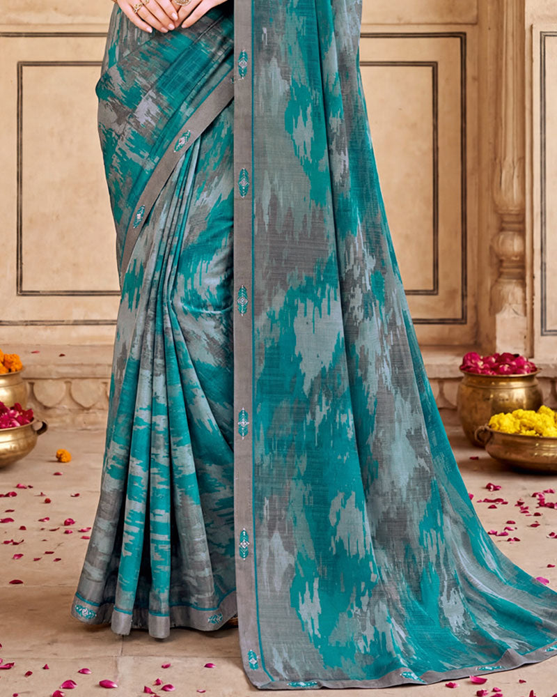 Vishal Prints Aqua Blue Digital Print Fancy Chiffon Saree With Embroidery Border