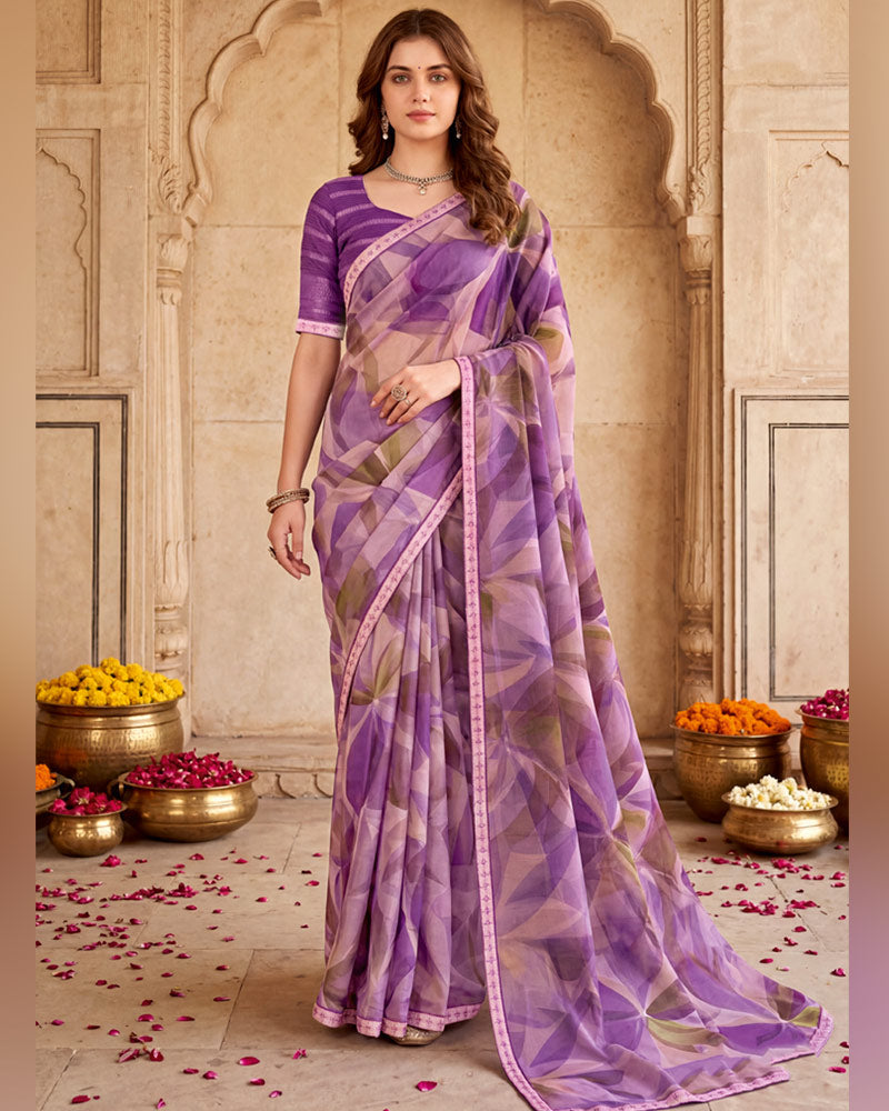 Vishal Prints Purple Digital Print Fancy Chiffon Saree With Embroidery Border