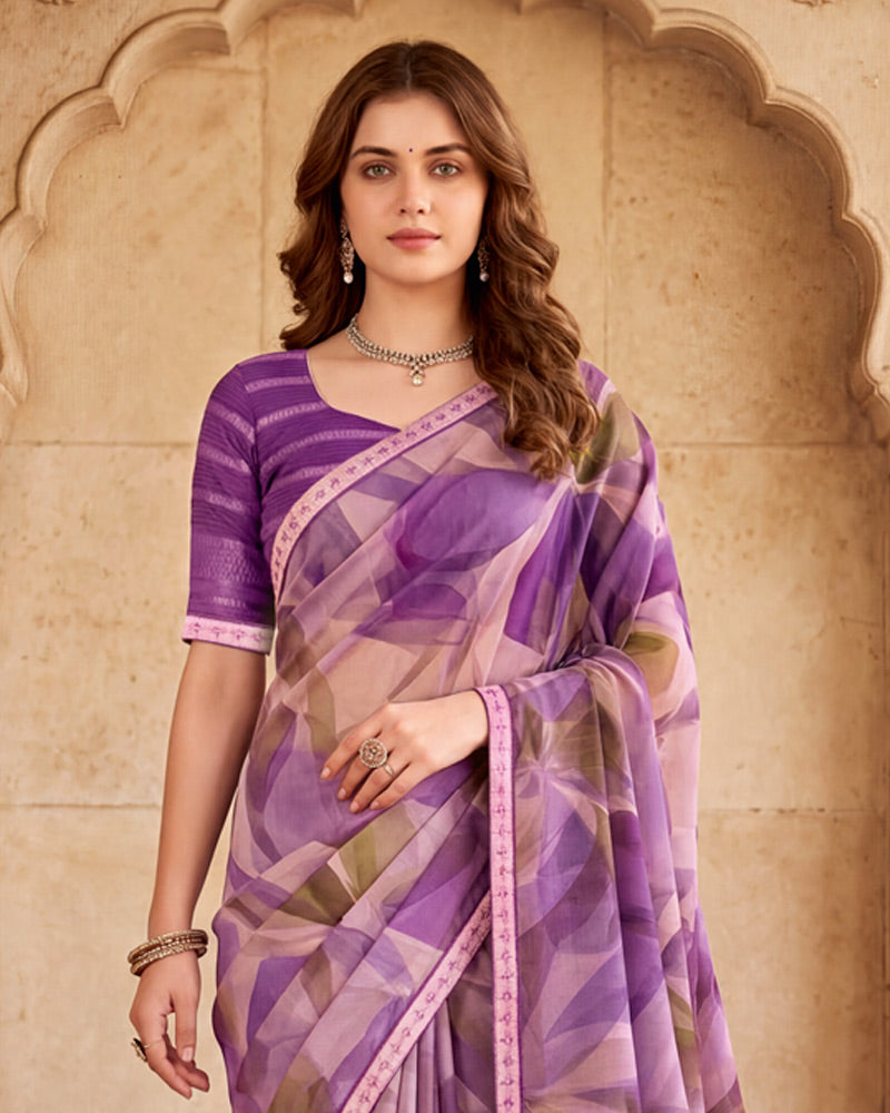 Vishal Prints Purple Digital Print Fancy Chiffon Saree With Embroidery Border