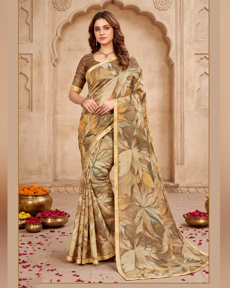 Vishal Prints Beige Brown Digital Print Fancy Chiffon Saree With Embroidery Border