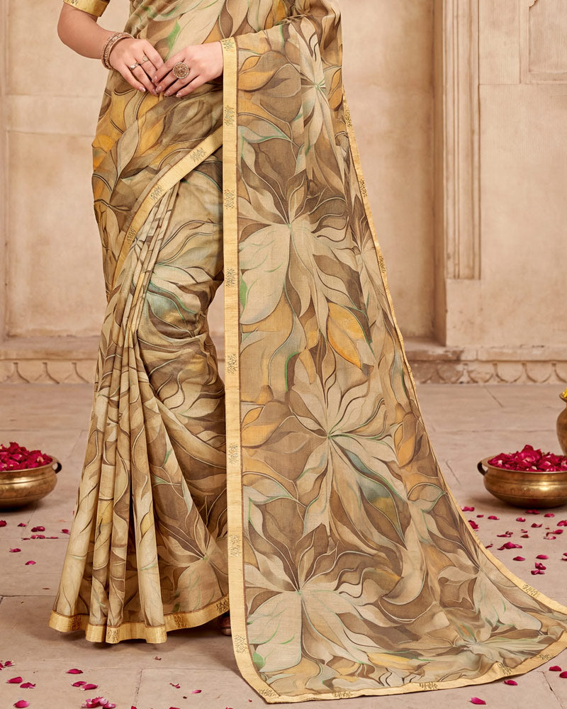 Vishal Prints Beige Brown Digital Print Fancy Chiffon Saree With Embroidery Border