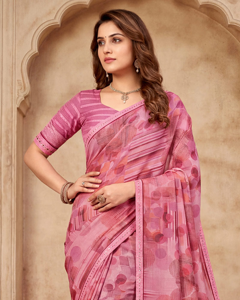 Vishal Prints Baby Pink Digital Print Fancy Chiffon Saree With Embroidery Border