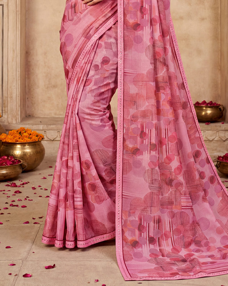 Vishal Prints Baby Pink Digital Print Fancy Chiffon Saree With Embroidery Border