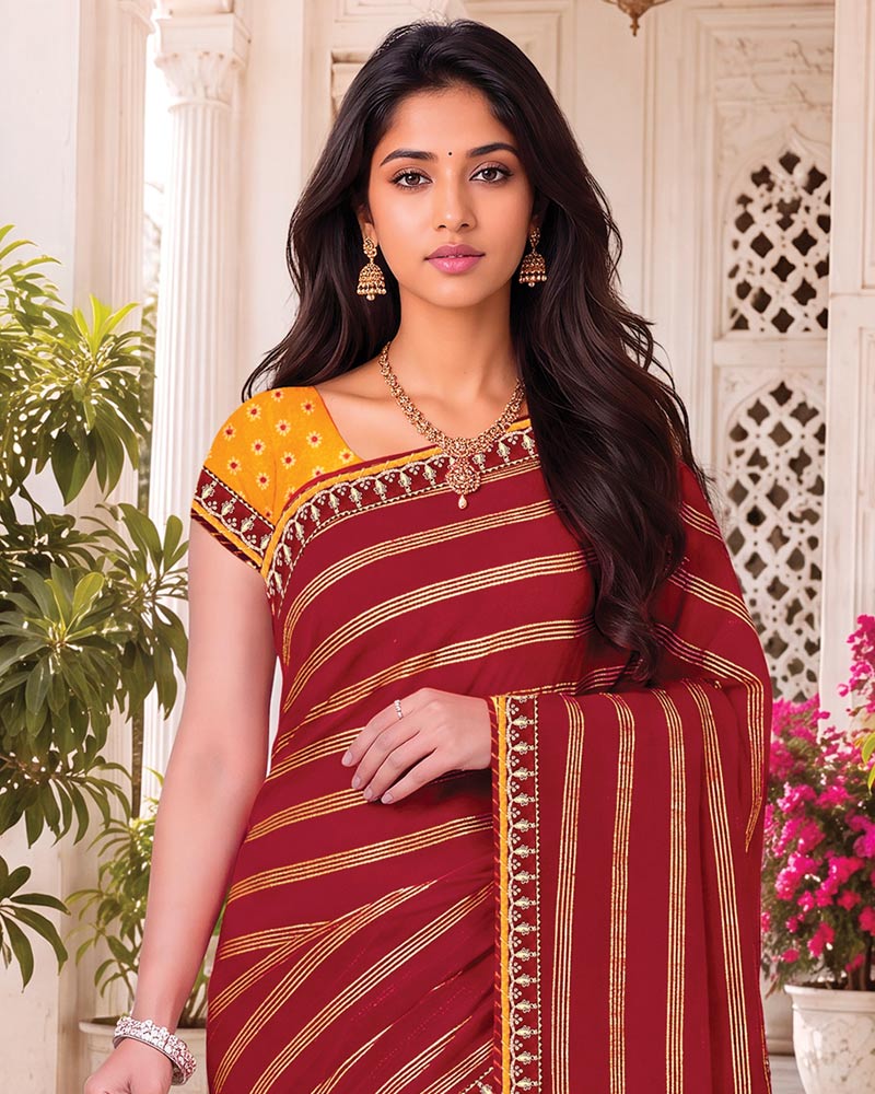 Vishal Prints Maroon Georgette Saree With Foil Print And Fancy Embroidery Border With Tassel