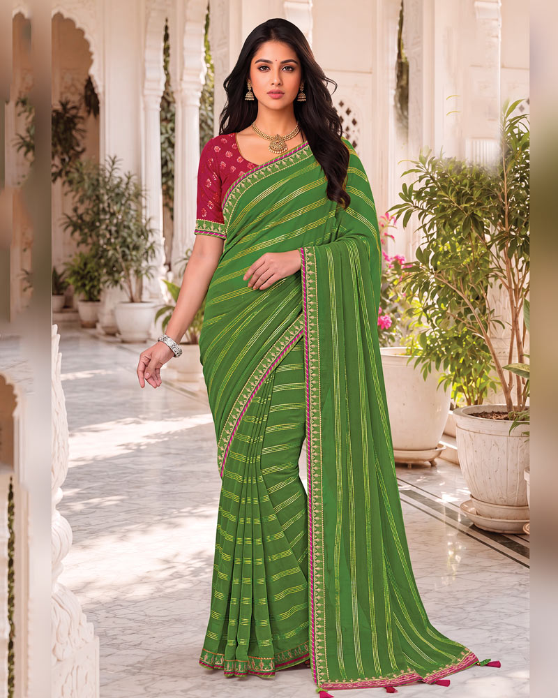 Vishal Prints Parrot Green Georgette Saree With Foil Print And Fancy Embroidery Border With Tassel