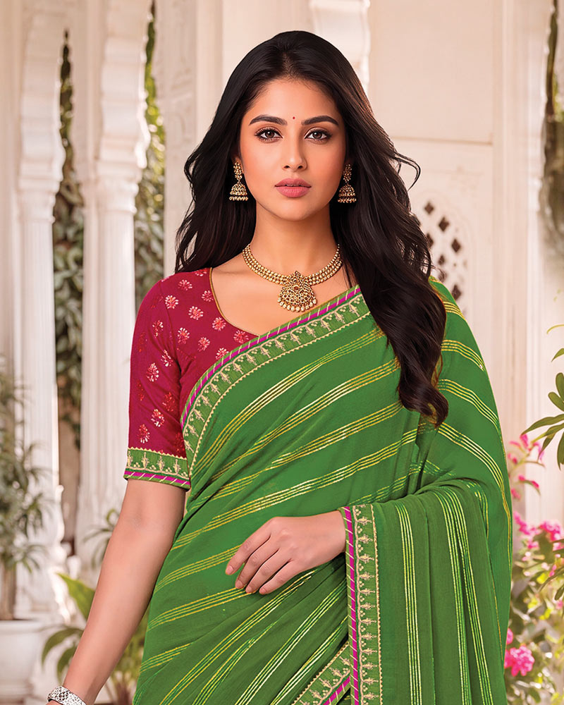Vishal Prints Parrot Green Georgette Saree With Foil Print And Fancy Embroidery Border With Tassel