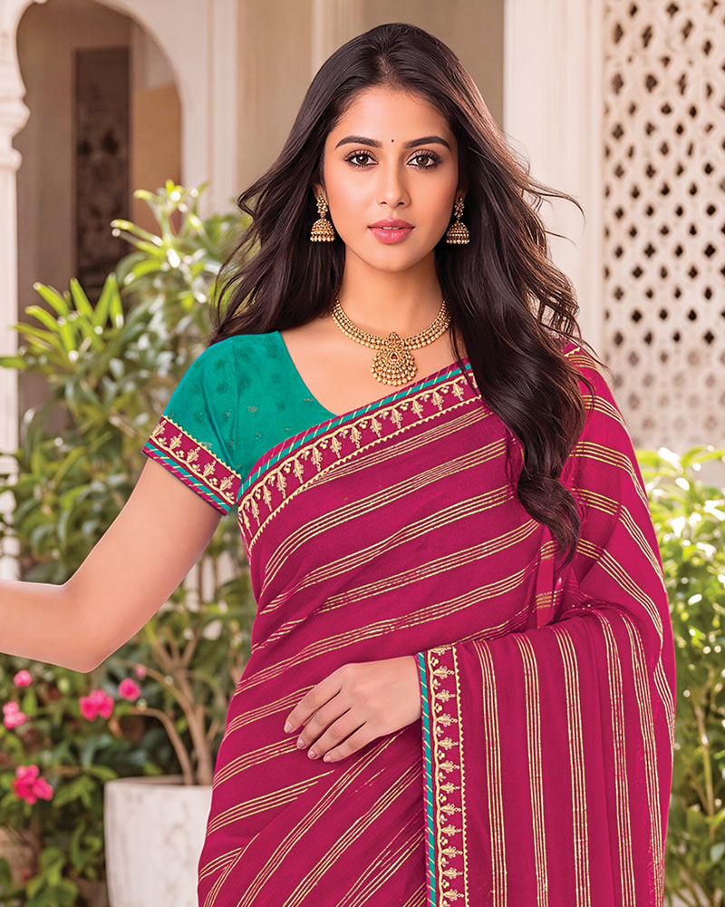 Vishal Prints Raspberry Pink Georgette Saree With Foil Print And Fancy Embroidery Border With Tassel