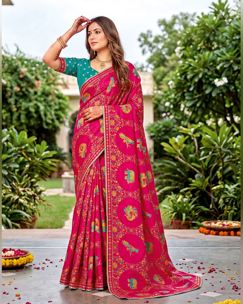 Vishal Prints Raspberry Pink Designer Fancy Chiffon Traditional Print Saree With Foil Print And Border