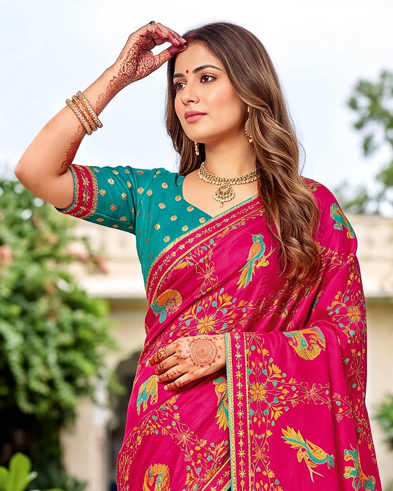 Vishal Prints Raspberry Pink Designer Fancy Chiffon Traditional Print Saree With Foil Print And Border