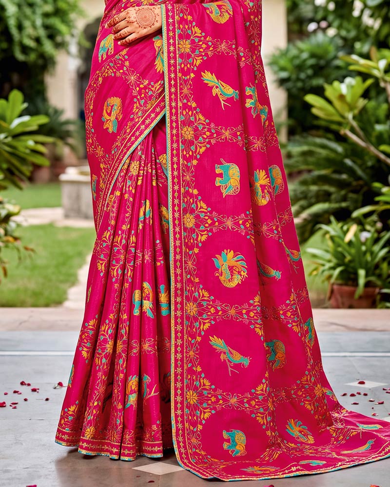 Vishal Prints Raspberry Pink Designer Fancy Chiffon Traditional Print Saree With Foil Print And Border