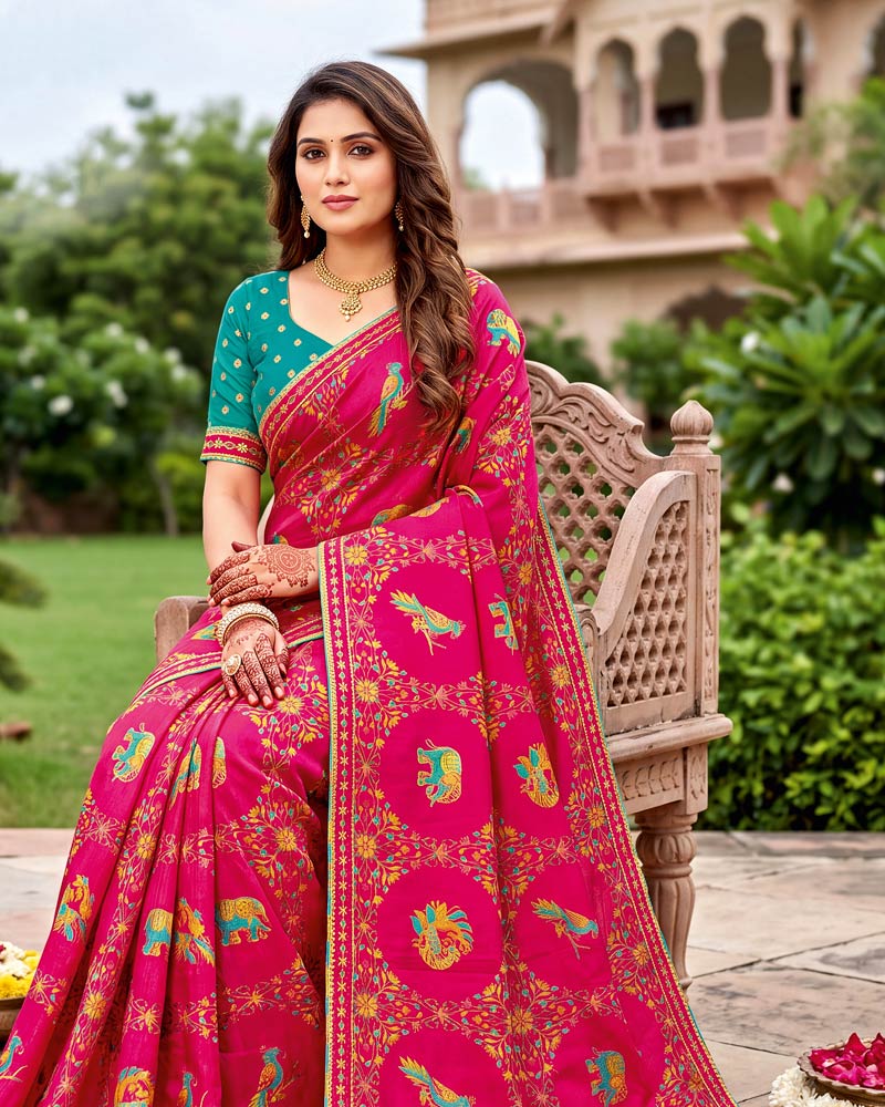 Vishal Prints Raspberry Pink Designer Fancy Chiffon Traditional Print Saree With Foil Print And Border