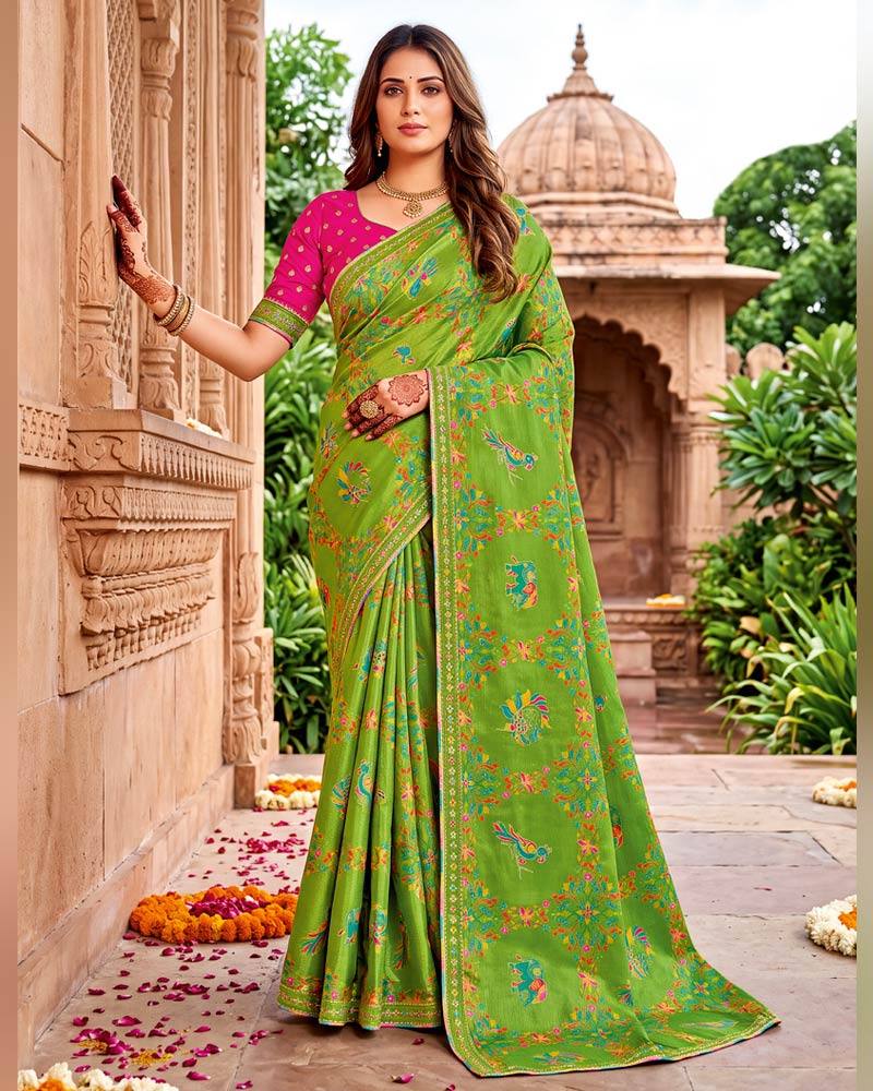 Vishal Prints Avocado Green Designer Fancy Chiffon Traditional Print Saree With Foil Print And Border