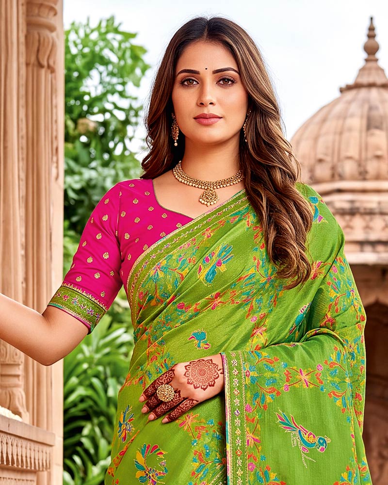 Vishal Prints Avocado Green Designer Fancy Chiffon Traditional Print Saree With Foil Print And Border