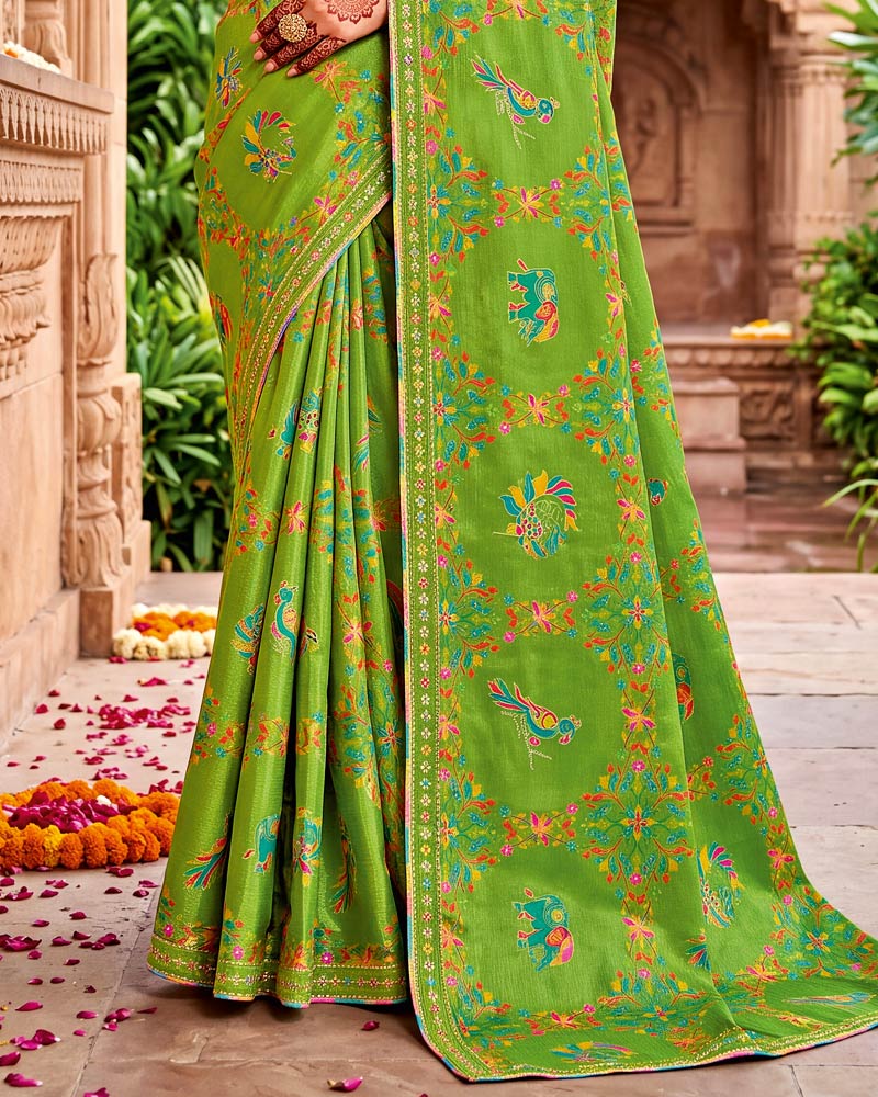 Vishal Prints Avocado Green Designer Fancy Chiffon Traditional Print Saree With Foil Print And Border