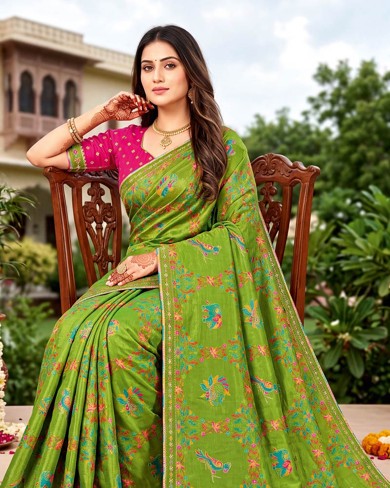 Vishal Prints Avocado Green Designer Fancy Chiffon Traditional Print Saree With Foil Print And Border
